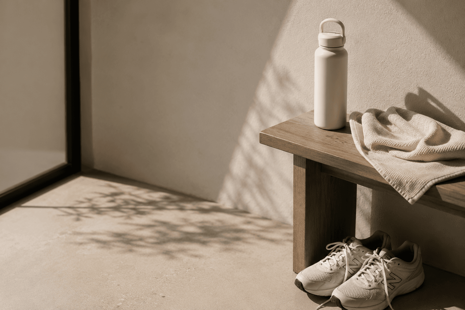 Running shoes beneath a wooden bench holding a cream water bottle and folded towel, in soft daylight