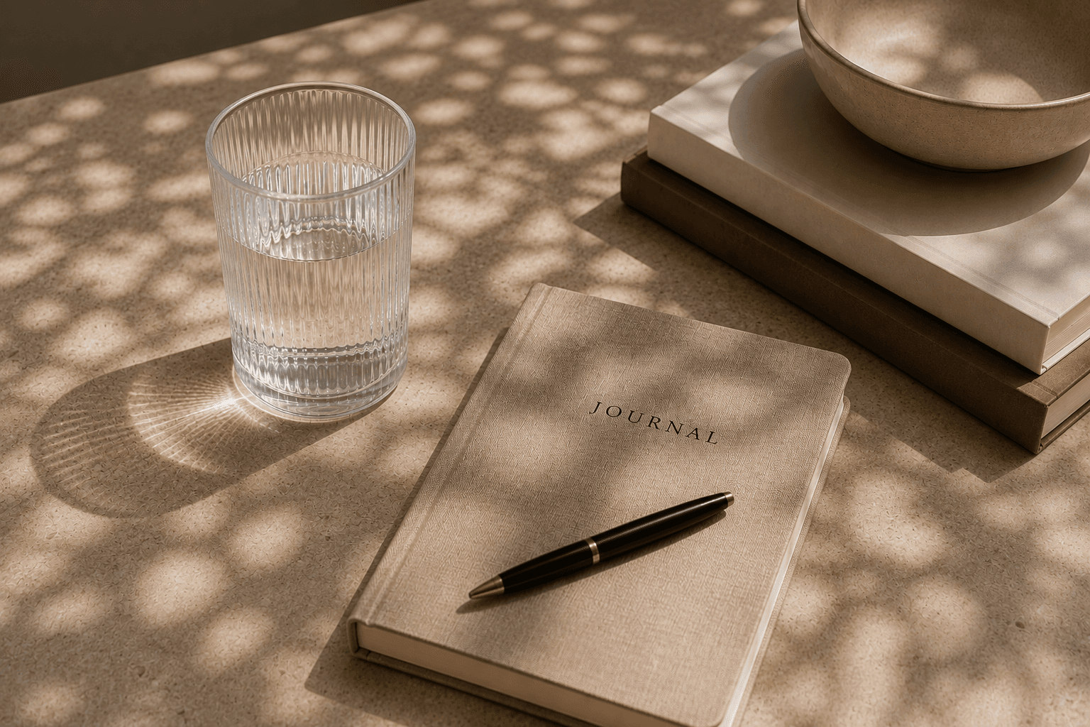 A glass of water, a linen journal with a black pen, stacked books and a ceramic bowl in dappled sunlight