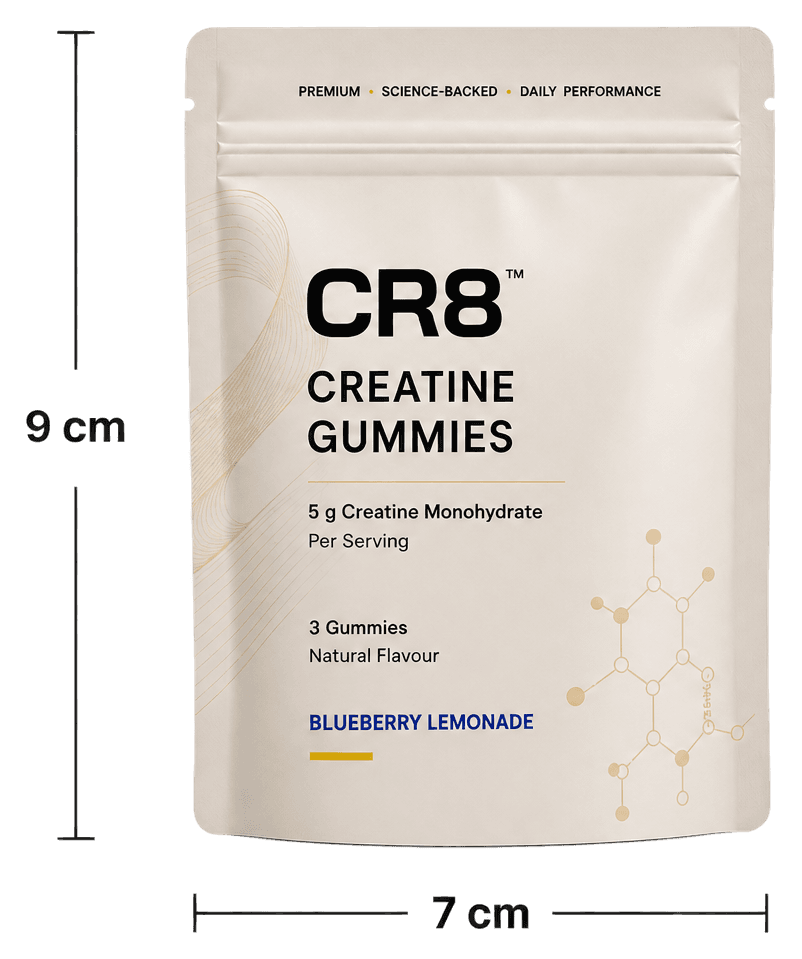 A single CR8 creatine gummies sachet shown with measurements: 9 cm tall by 7 cm wide