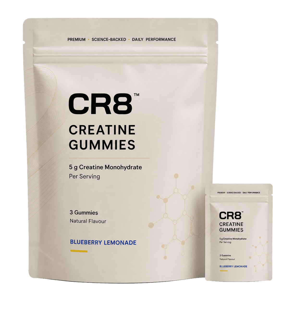 CR8 Creatine Gummies packaging, Blueberry Lemonade flavor, front view